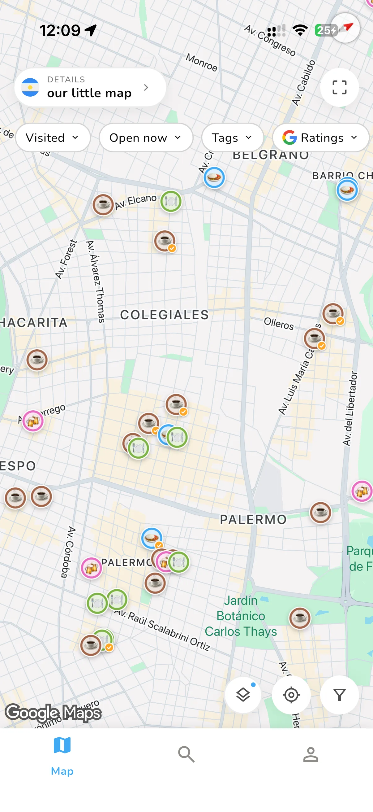 The Fraps map: color-coded emoji pins across Palermo and Colegiales, with Visited, Open now, Tags and Ratings filter chips
