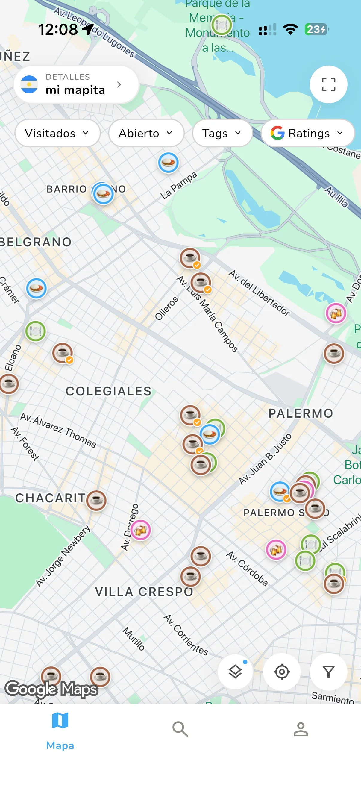 El mapa de Fraps: pines emoji codificados por color en Palermo y Colegiales, con filtros de Visitados, Abierto ahora, Tags y Rating