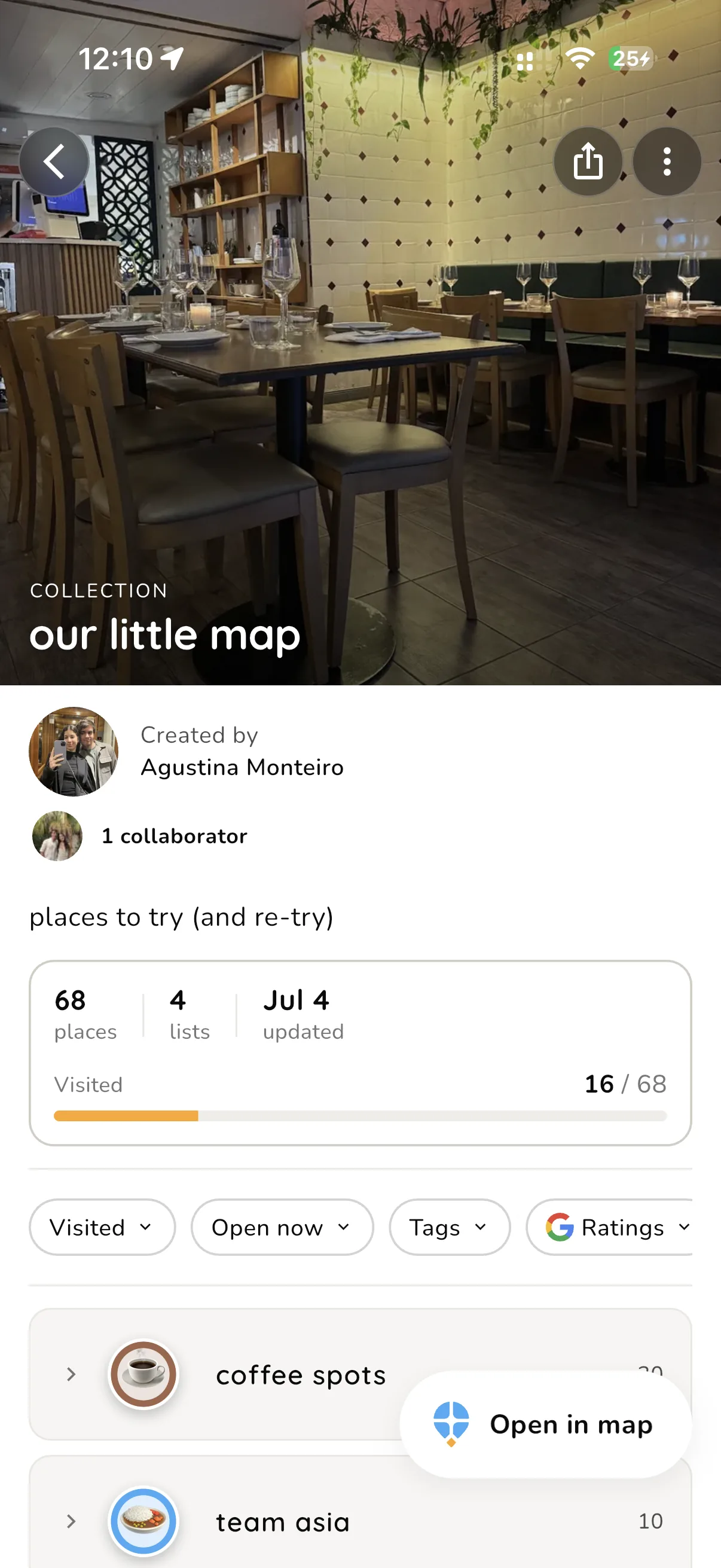 The collection 'our little map': created by Agustina Monteiro with 1 collaborator, 68 places, 4 lists, 16 visited