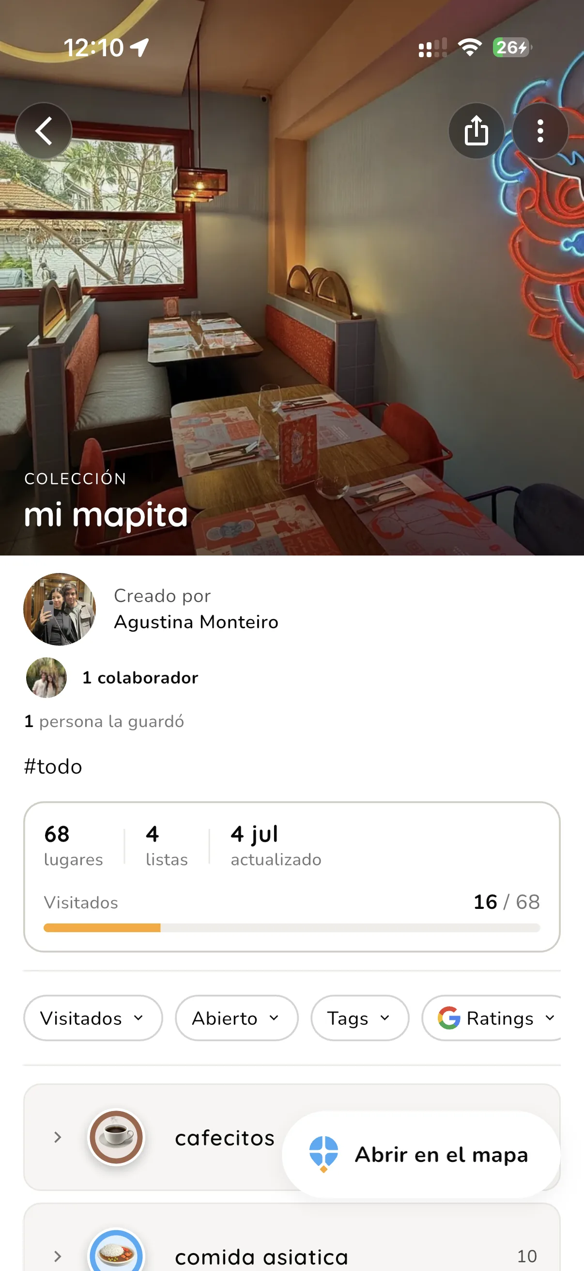 La colección 'nuestro mapita': creada por Agustina Monteiro con 1 colaborador, 68 lugares, 4 listas, 16 visitados