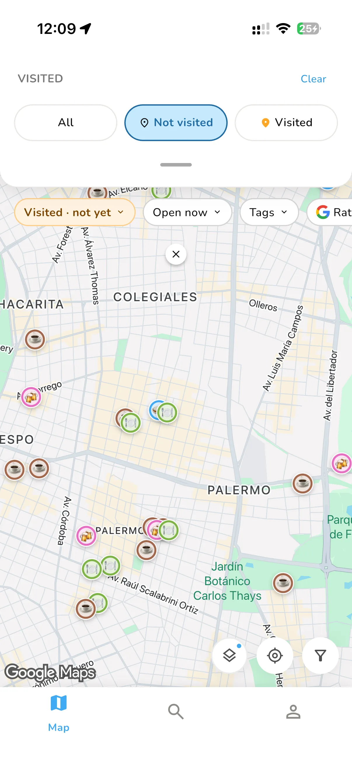 The map filtered to places not yet visited