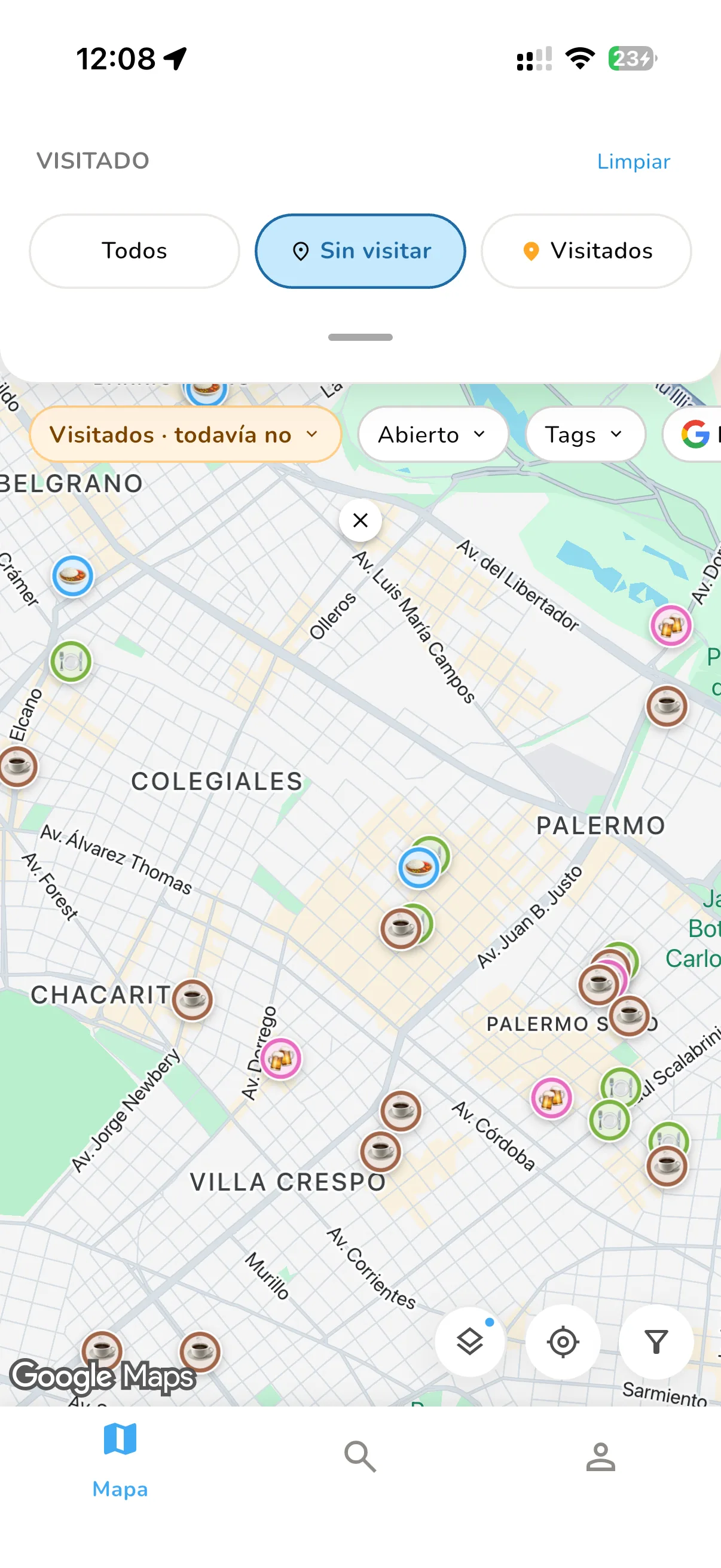 El mapa filtrado a los lugares que todavía no visitaste