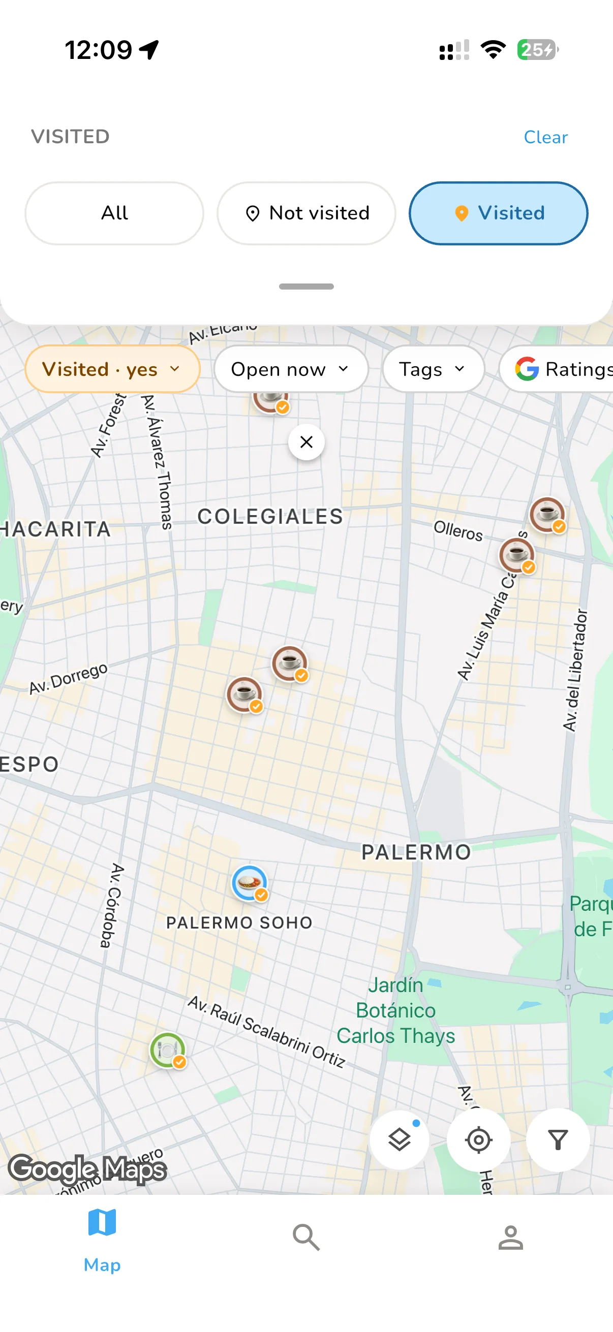 The map filtered to visited places, each with an amber badge