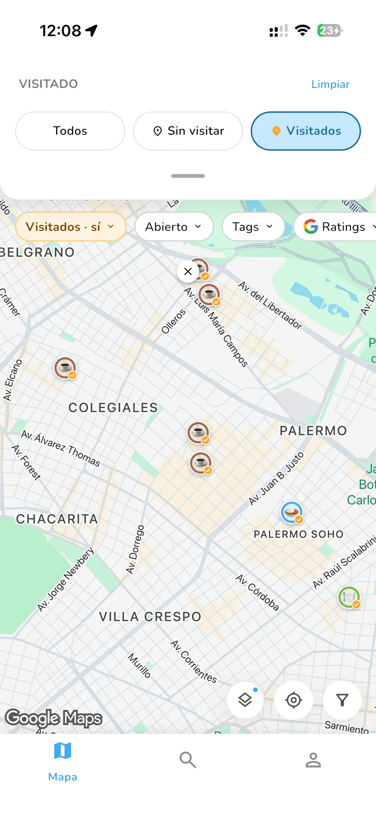 El mapa filtrado a los lugares visitados, cada uno con una insignia ámbar