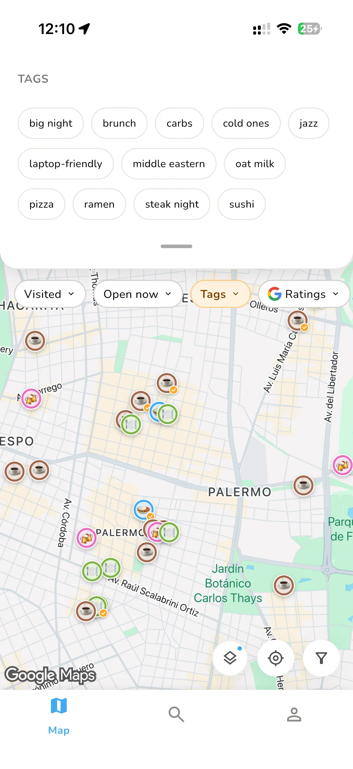 The Tags filter sheet in Fraps, listing tags like brunch, ramen, jazz and oat milk above the live map