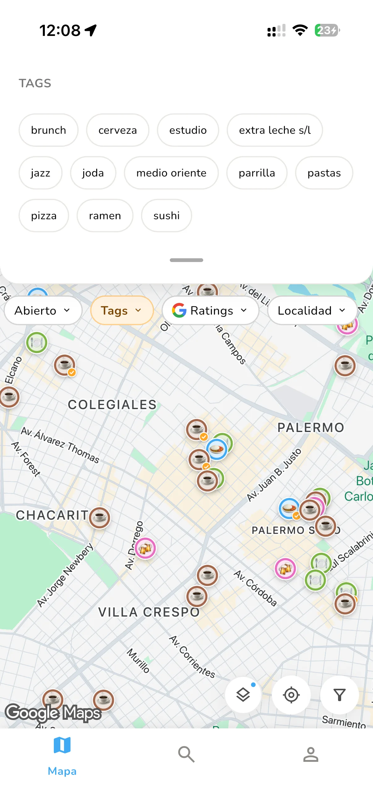 El panel de filtro de Tags en Fraps, con tags como brunch, ramen, jazz y leche de avena sobre el mapa en vivo
