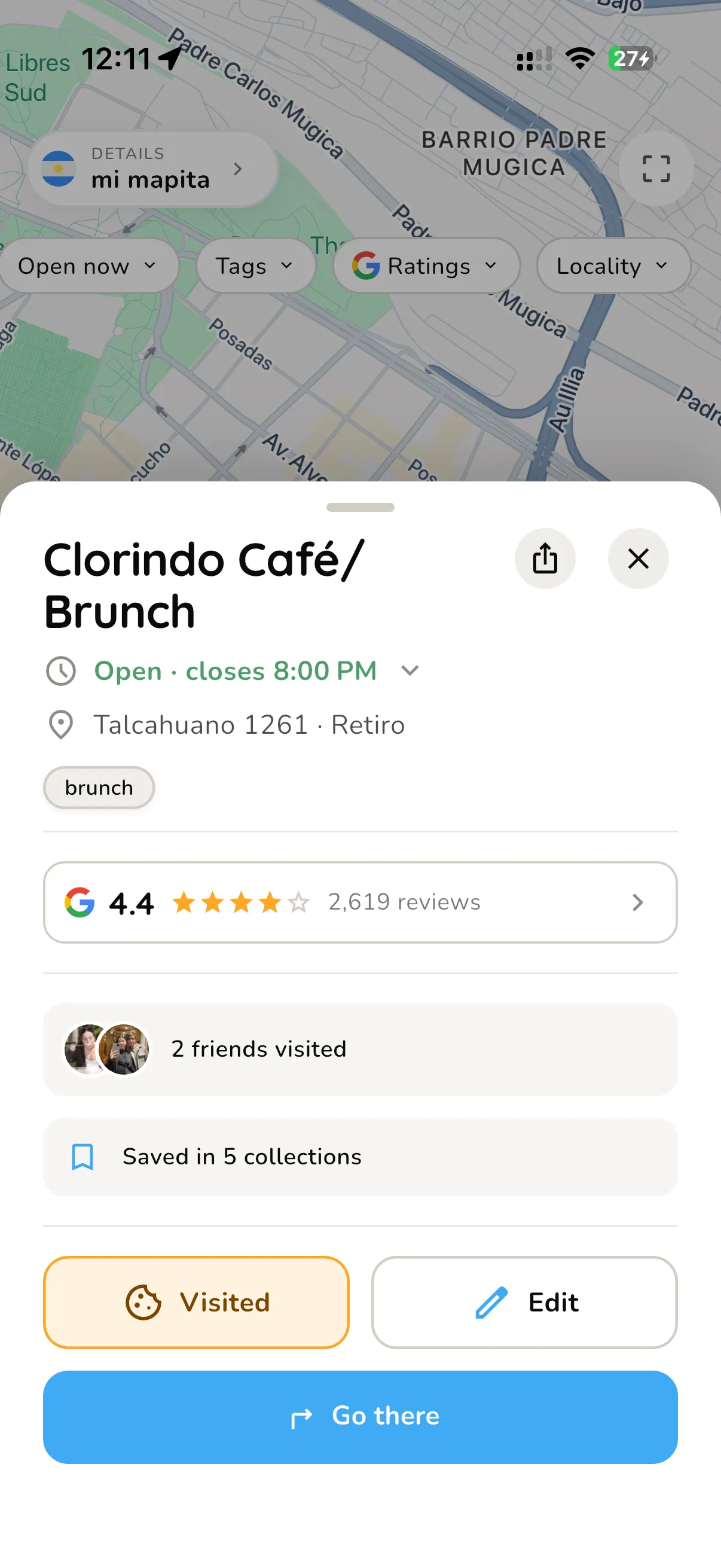 Clorindo Café place detail: open until 8 PM, 4.4 Google rating, 2 friends visited, saved in 5 collections, and a Go there button