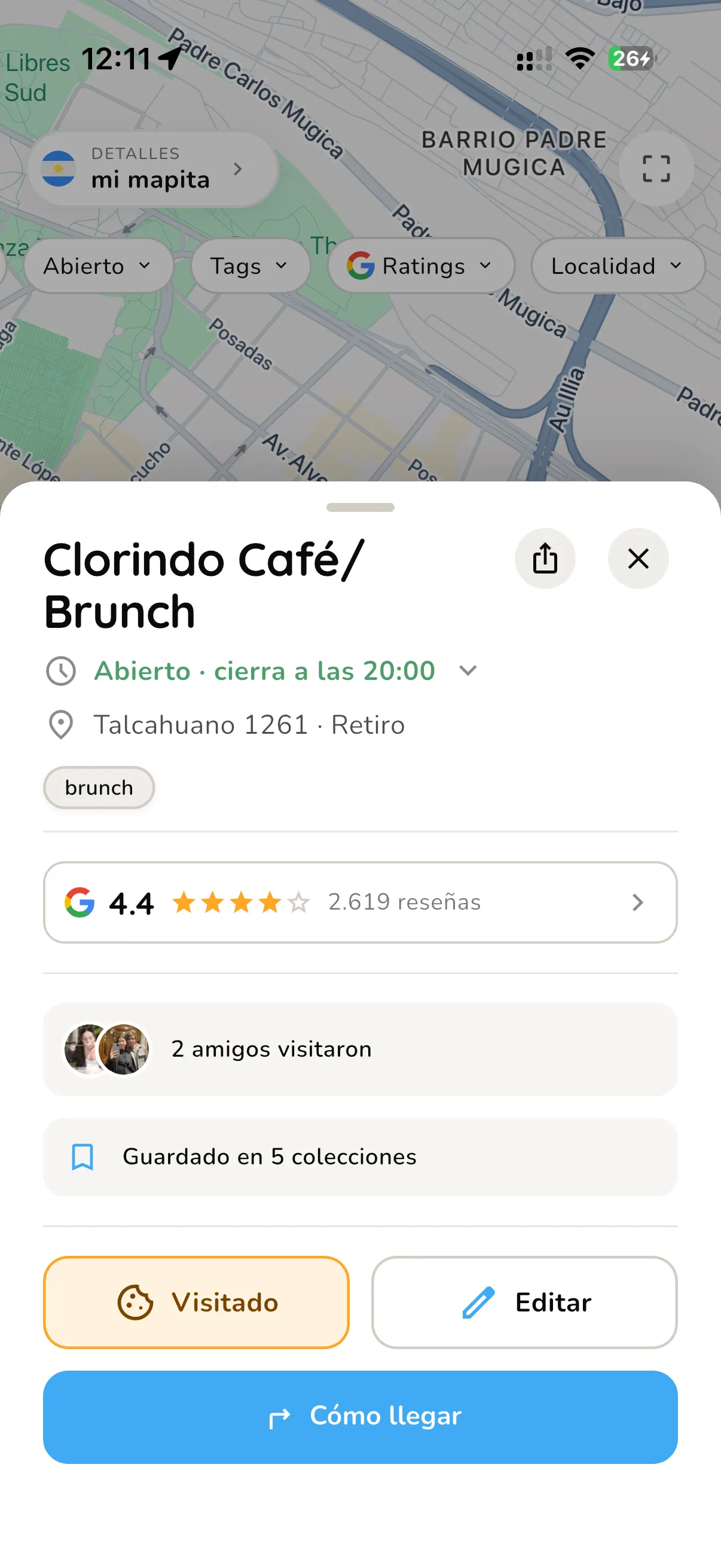 Detalle del lugar Clorindo Café: abierto hasta las 20 h, 4,4 en Google, 2 amigos lo visitaron, guardado en 5 colecciones, y un botón Andá